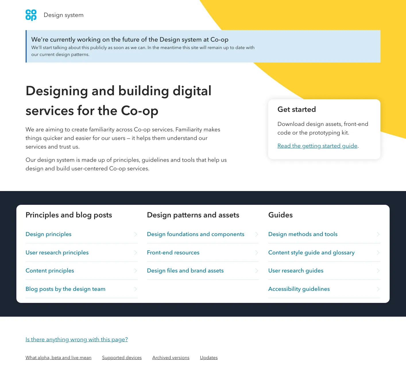 The 2018 Co-op design system home page, headed ‘Designing and building digital services for the Co-op’, with a Get started panel for downloading design assets and front-end code, and columns for principles and blog posts, design patterns and assets, and guides.