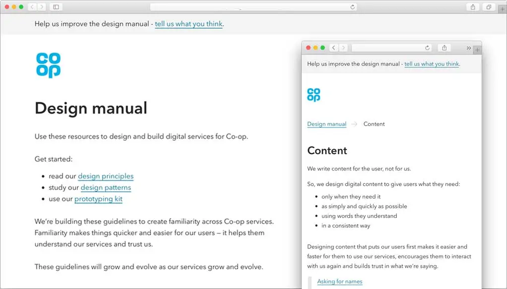 The 2017 Co-op design manual in a browser, headed ‘Design manual’, telling colleagues to read the design principles, study the design patterns and use the prototyping kit. A second window behind it shows the Content page.