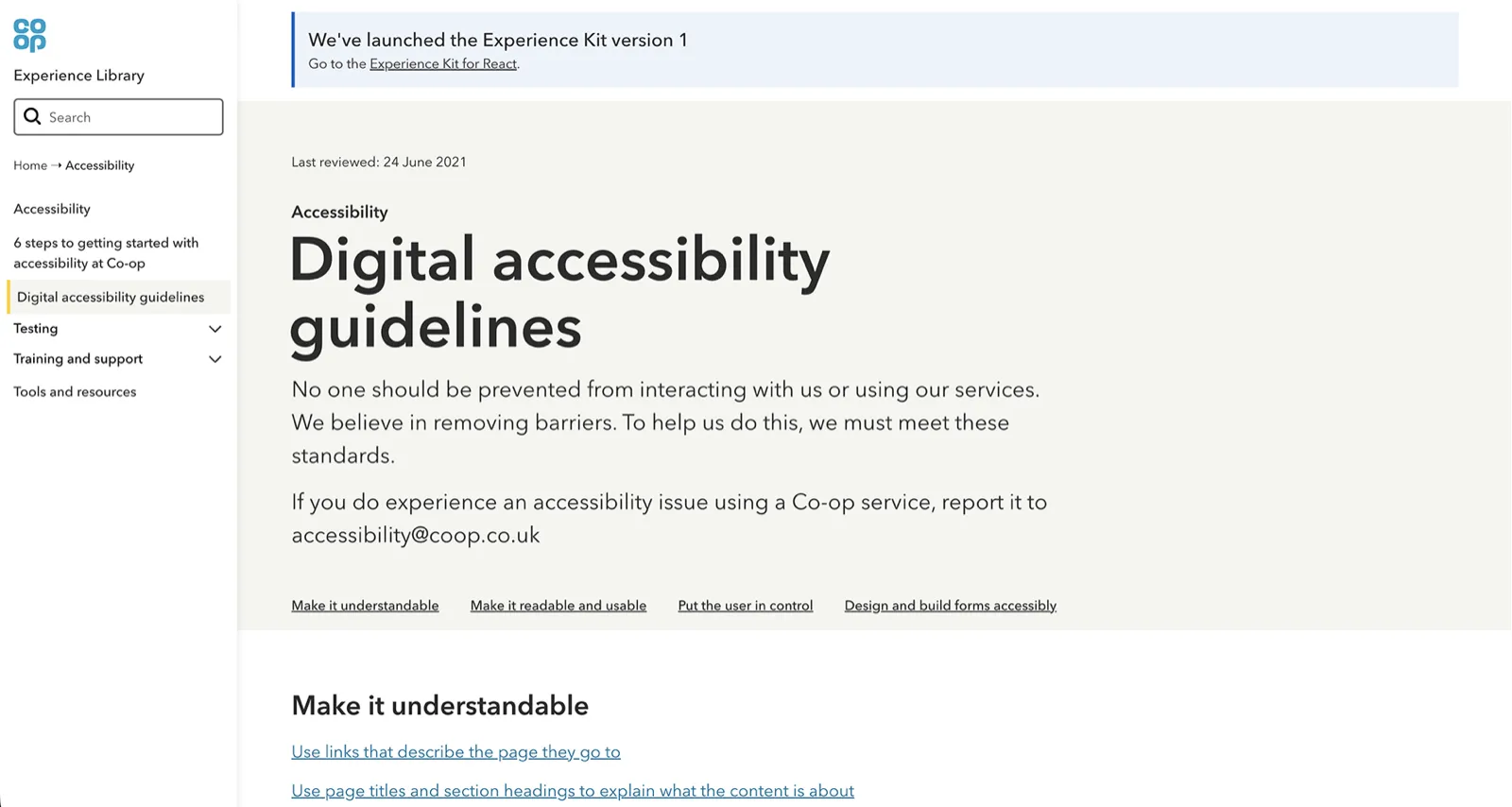 The Digital accessibility guidelines page in the Experience Library: ‘No one should be prevented from interacting with us or using our services. We believe in removing barriers.’ It is grouped into make it understandable, make it readable and usable, put the user in control, and design and build forms accessibly.