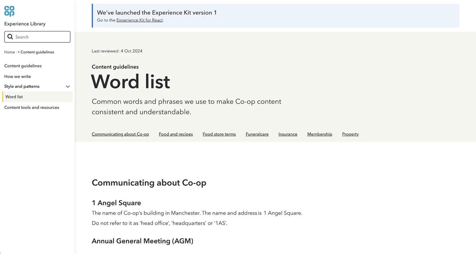 The Word list page in the Experience Library, under Content guidelines: ‘Common words and phrases we use to make Co-op content consistent and understandable’, with sections for communicating about Co-op, food and recipes, food store terms, Funeralcare, Insurance, Membership and Property.