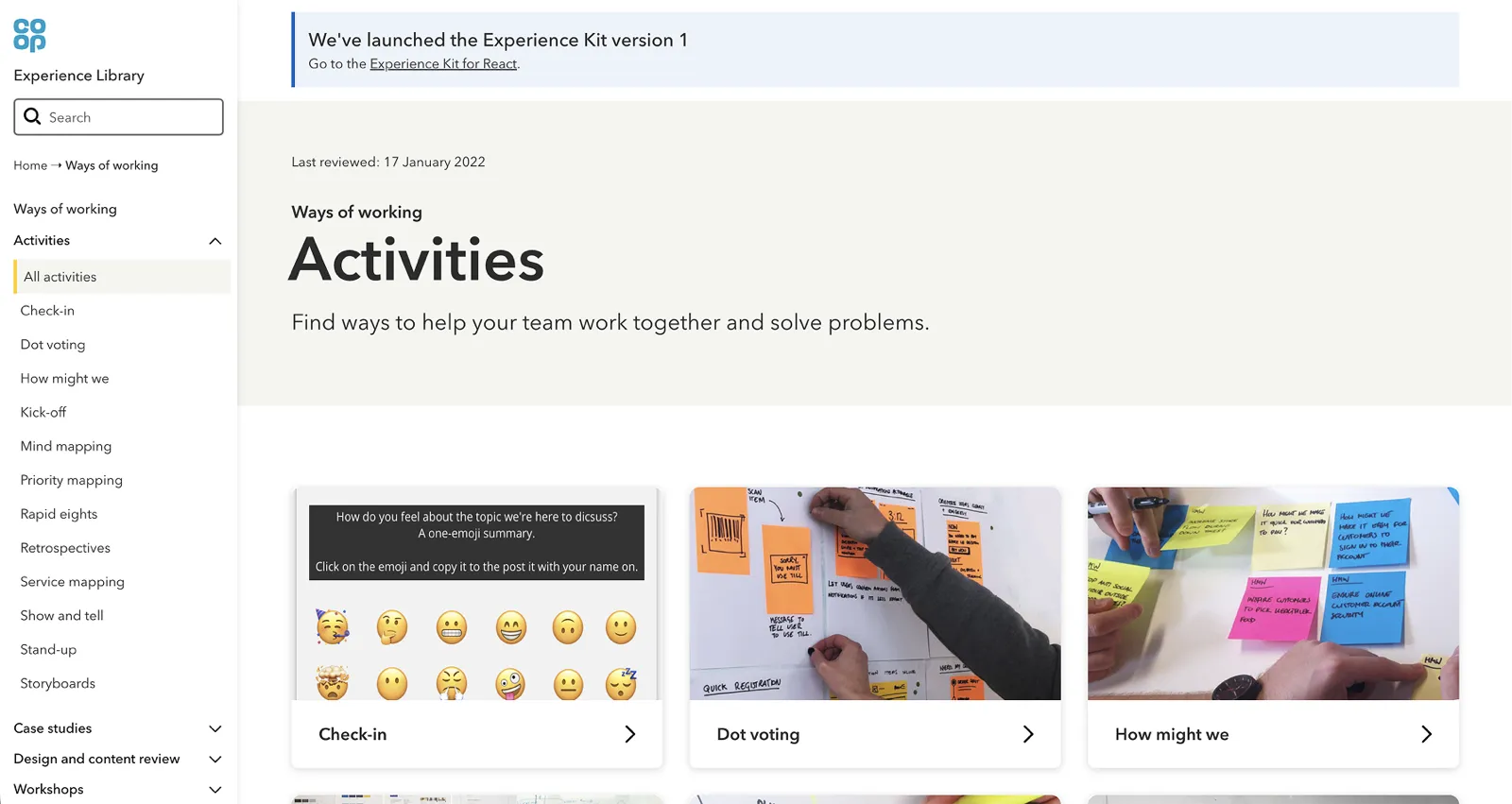 The Ways of working Activities page in the Experience Library, ‘Find ways to help your team work together and solve problems’, with cards for Check-in, Dot voting and How might we, each showing a photograph of the activity being run. The menu lists mind mapping, retrospectives, service mapping, storyboards and more.