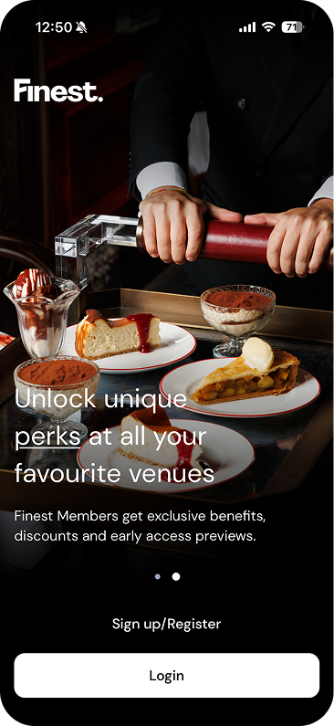 The home screen of the Finest app displayed on an iPhone showing the text Unlock unique perks at all your favourite venues